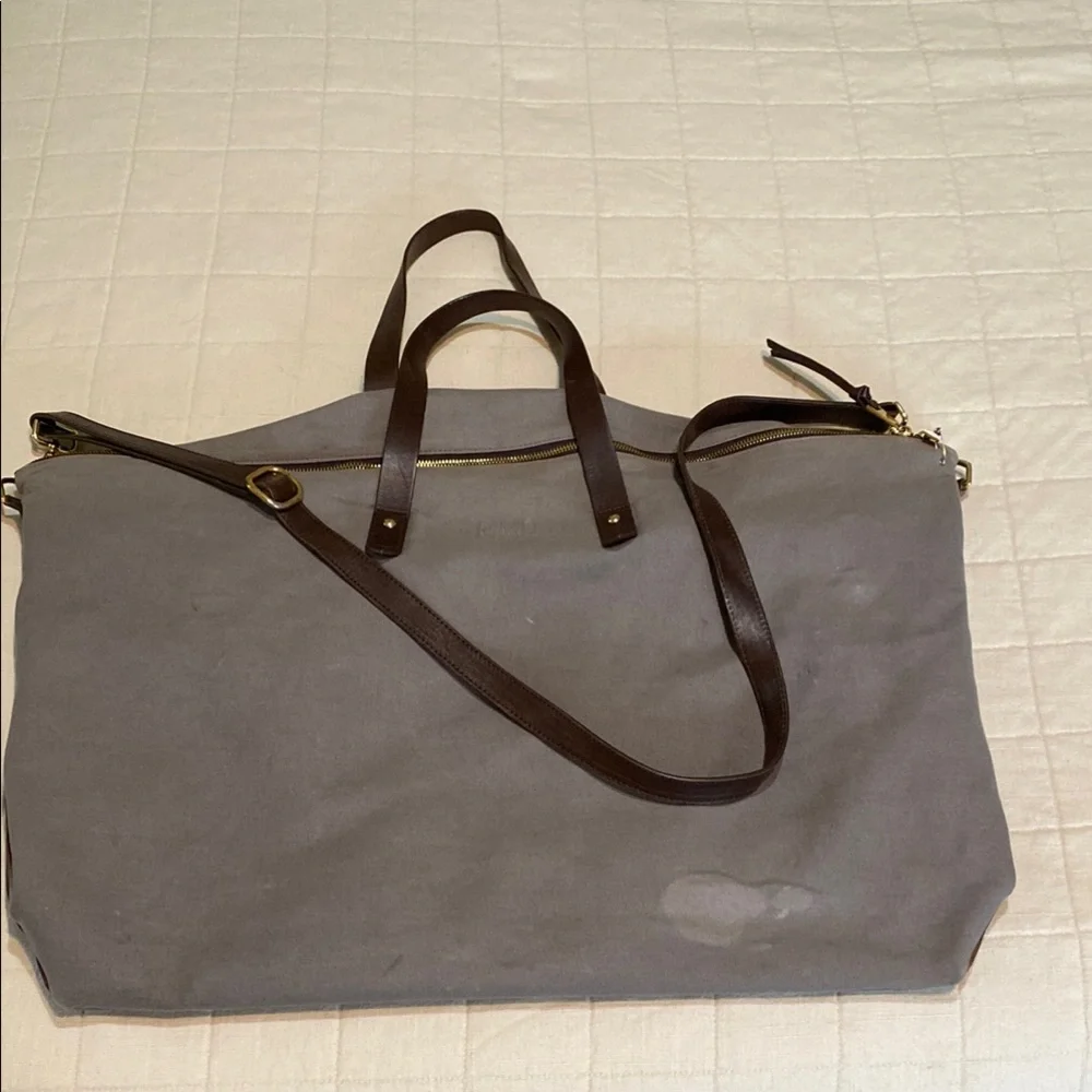 Cuyana Gray Canvas and Brown Leather Overnight Bag
